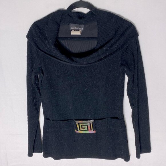 Vintage Frank Lyman Black Ribbed Knit Cowl Neck Sweater W Silver Tone Buckle 10 - Picture 1 of 16